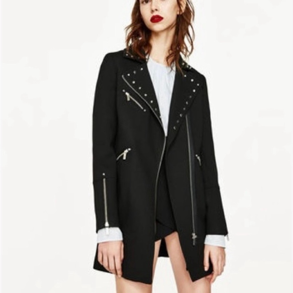 Zara Black Studded Asymmetric Zip Up Long Moto Trench